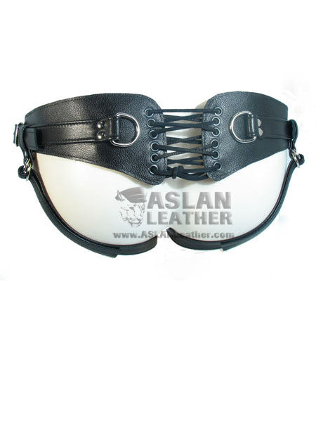 Female Butt Plug Leather Harness With Front Chain Detail. 